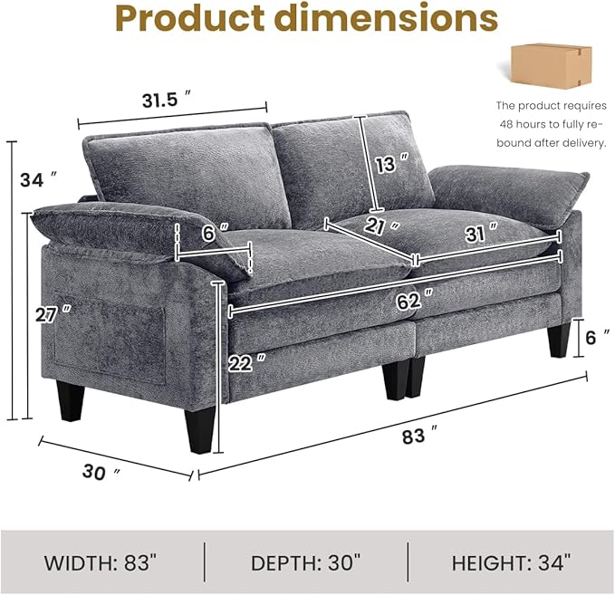 83 Cloud Loveseat Sofa Modern Down Comfy for Living Room Loveseat Sofa with Chenille Fabric and Double Cushion Love Seat Deep Seat Oversized Seats with 2 Pillows for Bedroom Grey