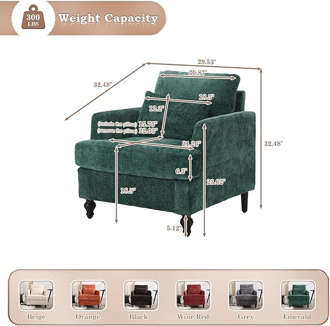 KINFFICT Modern Accent Chair for Living Room Upholstered Single Sofa Chair with Lumbar Pillow Comfy Armchair with Thickened Cushion Living Room Chairs for Bedroom Office Emerald Chenille
