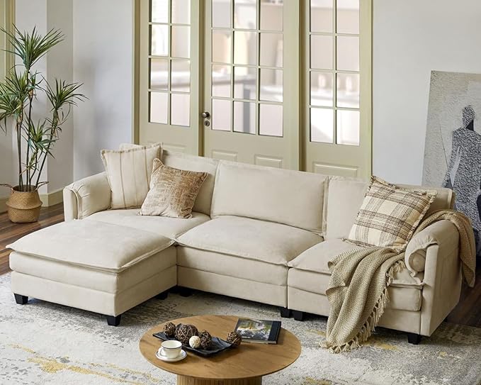 EcoHarbor 108 Modular Sectional Sofa for Living Room Modern 4 Seat L Shaped Cloud Couch with Elephant Ears Armrests Comfy Dual-Layer Cushions Deep Seat &amp Side Storage Pockets Beige
