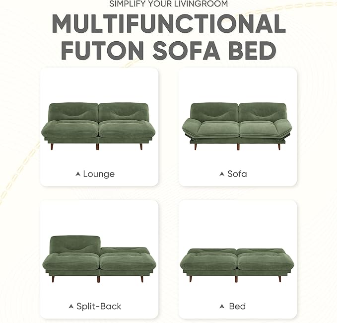 JUMMICO Convertible Futon Sofa Bed Sleeper Futon Couch with Adjustable Backrest and Armrests Modern Loveseat with Sturdy Wood Frame for Small Spaces Apartments (Corduroy Green)