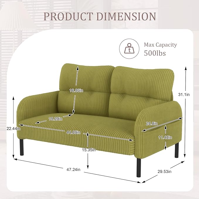 Modern Living Room Loveseat Sofa Two-Seater Settee Upholstered Corduroy Fabric Armchair Love Seat Sofa Chair with Side Pocket and Wood Legs for Bedroom/Office/Reading Spaces (Olive Green)
