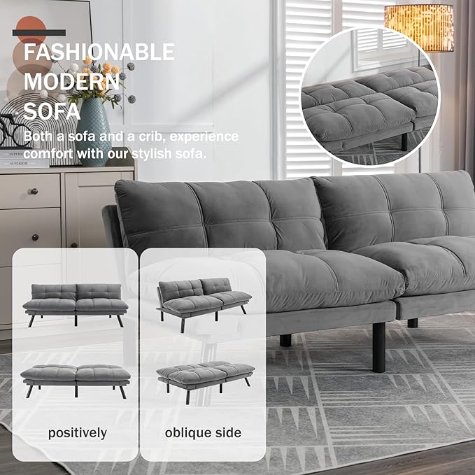 Convertible Futon Double Sofa Bed2 in 1 with Adjustable Backrest Memory Foam Loveseat for Living Room Bedroom Office Apartment Compact Sofa(Grey)