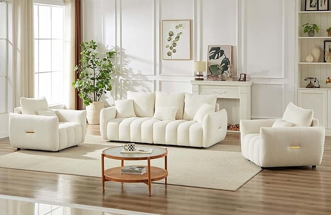 Antetek Teddy Sofa Set for Living Room Modern Deep Seat Sofa Chair and Oversized 3-Seater Cloud Boucle Couch for Bedroom Office Apartment Furniture Set Beige (2 Piece)