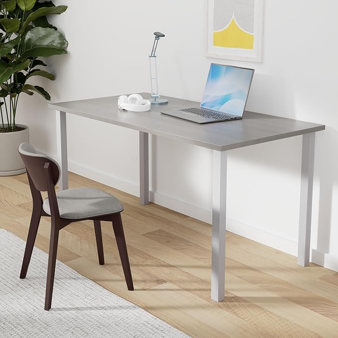 Pemberly Row 60 Writing Desk White Melamine Finish Metal Legs with Matte Silver Finish Durable Work Surface Scratch and Burn Resistant Levelers for Floor Adaptation Home Office Desk