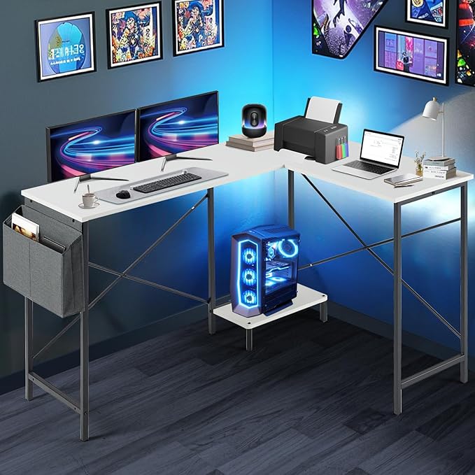 Living&ampGiving L Shaped Gaming Desk 49 Black Home OfficeBedroom Computer Table for Study Standing Executive Desk with CPU Storage Shelf &amp Side Bag White