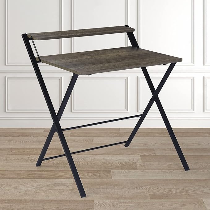 FurnitureR 32'' Folding Desk No Assembly Required Desk 2 Tier Computer Desk for Study Home Office Portable Foldable Laptop Table with Metal Frames/Wood Top Rustic Brown