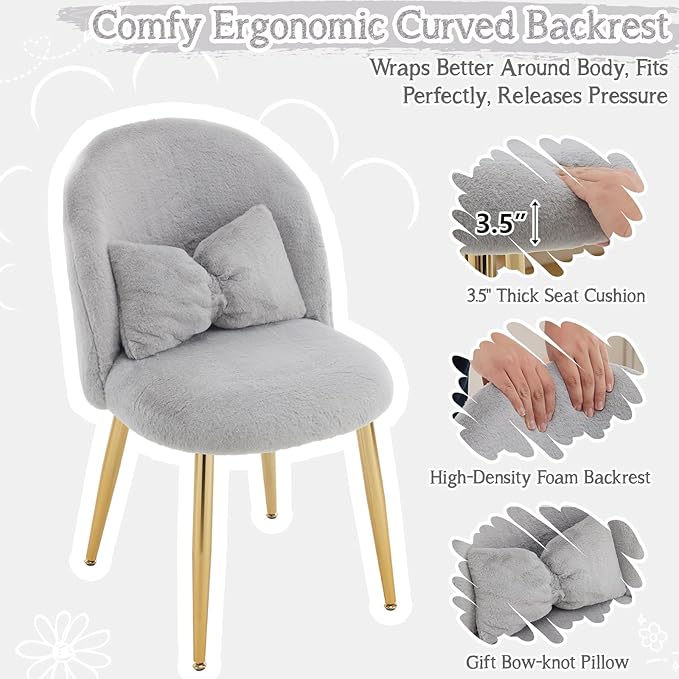 VINGLI Fluffy Girls Vanity Chair with Back &amp PillowCute Small Cozy Desk Chair No WheelsComfy Makeup Ch with Ajustable Gold Legsfor BedroomLiving RoomSmall SpaceGrey