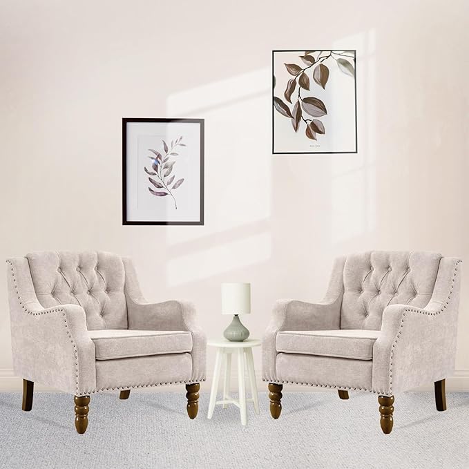 Linen Accent ChairsUpholstered Button Tufted Living Room ChairMid Century Armchair Sofa ChairsComfy Reading Chair for BedroomLiving RoomStudy (Beige 2)