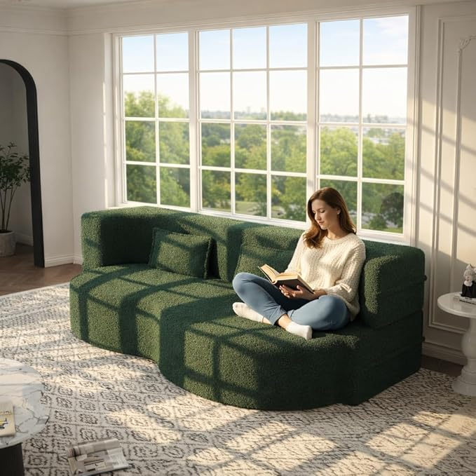 78 Inch Couch Queen Sleeper Loveseat Cloud Sofa Bed Convertible Folding Teddy Full Size Boneless Sofabed for Living Room Guestroom Lazy Lounge Floor Fold Out Sofa Bed No Assembly (Green)