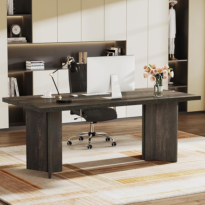 Tribesigns 63-inch Executive Desk Vintage Office Computer Desk with Large Tabletop Farmhouse Wood Writing Conference Table Workstation for Home Office Study Dark Gray