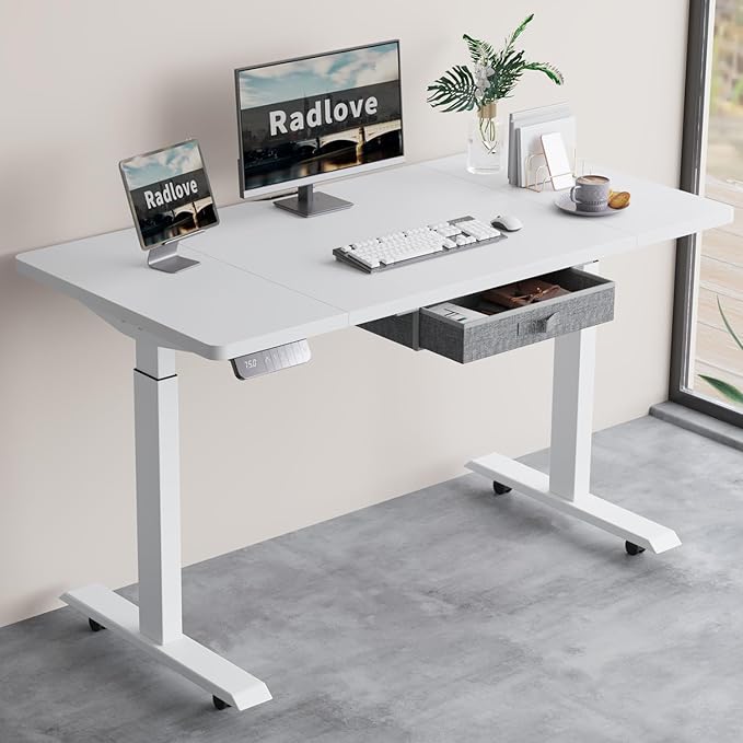 Radlove Dual Motors Height Adjustable 55 x 30'' Electric Standing Desk with Drawer Stand Up Table 4 Memory Keys Computer Desk with Splice Board Home Office Desk White Top + White Frame