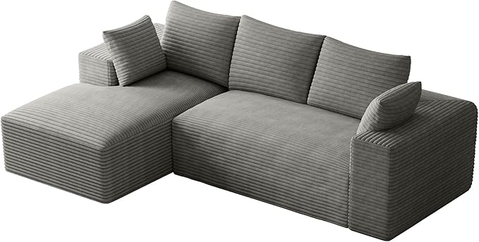 107 Sectional Couches for Living Room Comfy L Shaped Boneless Couches Modern Deep Seat Modular Sofa Cloud Corduroy Couch with Left Facing Chaise No Assembly Needed Light Grey