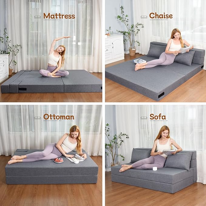 Folding Sofa Bed Foldable Bed Sleeper Chair with Removable Washable Cover Convertible Fold Out Couch with Pillow Futon Couch for Living Room Dorm Guest Room Queen Size Light Grey