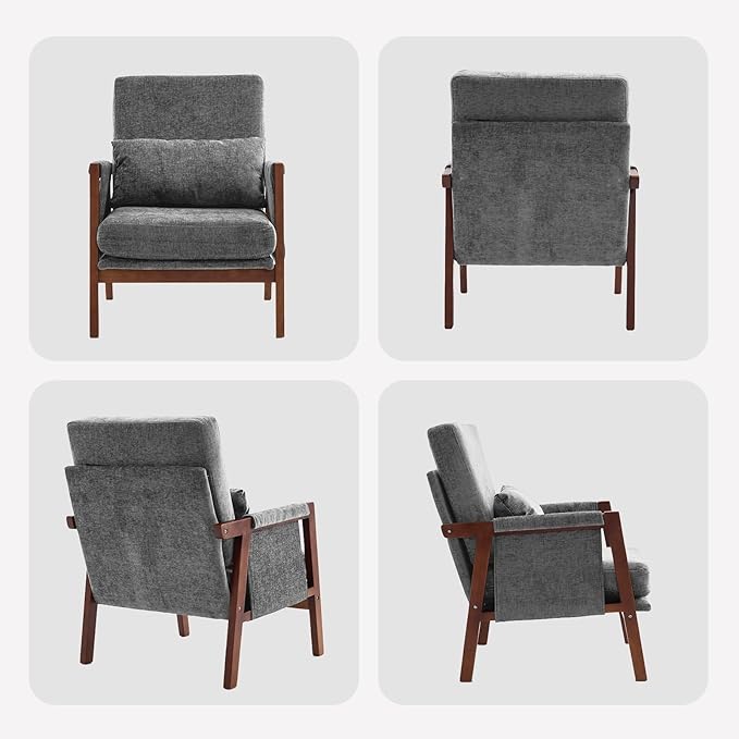 Accent Chair Mid-Century Modern Chair with Lumbar Support Pillow Upholstered Living Room Chairs with Wooden Chenille Armchair with Cushion Comfy Side Chair for Bedroom Balcony Dark Grey