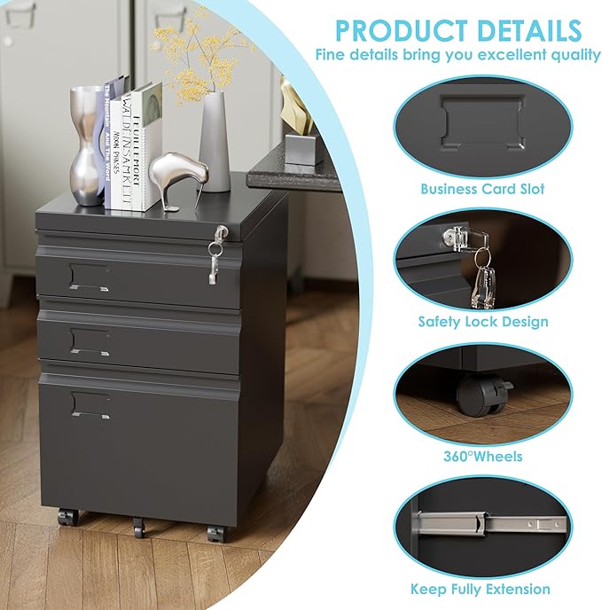 SUXXAN 3 Drawer File Cabinet with Lock Metal Under Desk Cabinet with Wheels for Office &amp Home Legal/Letter Size Need to Assemble