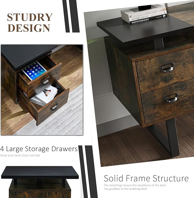 Computer Desk with Drawers 59 L Contemporary Home Office Laptop Desk with Floating Desktop and 4 Storage Drawers Vintage Study Gaming Table with Metal Frame Black &amp Rustic Brown CTSZ20401CM