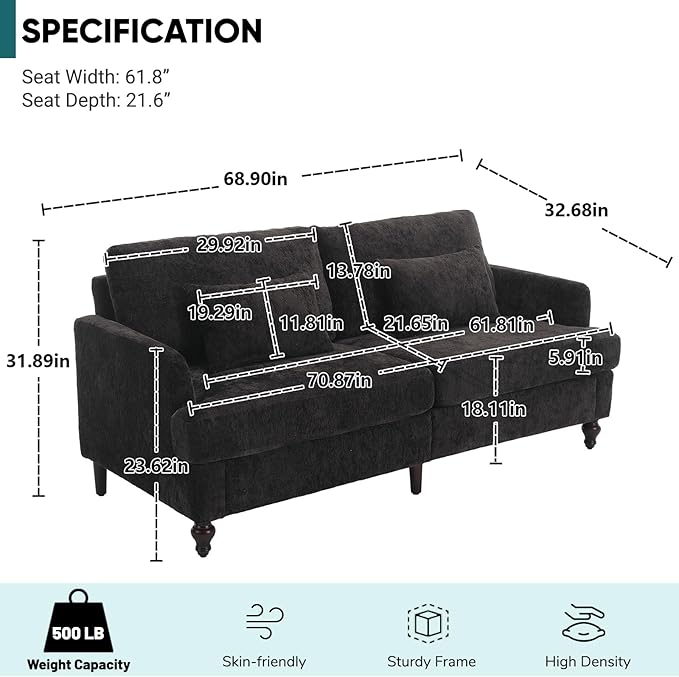 JOYBASE 70 inch Loveseat Sofa Mid-Century Modern Love Seat Couch with Wood Legs Upholstered Comfy Sofa for Living Room Apartment Office Bedroom (Black Chenille)