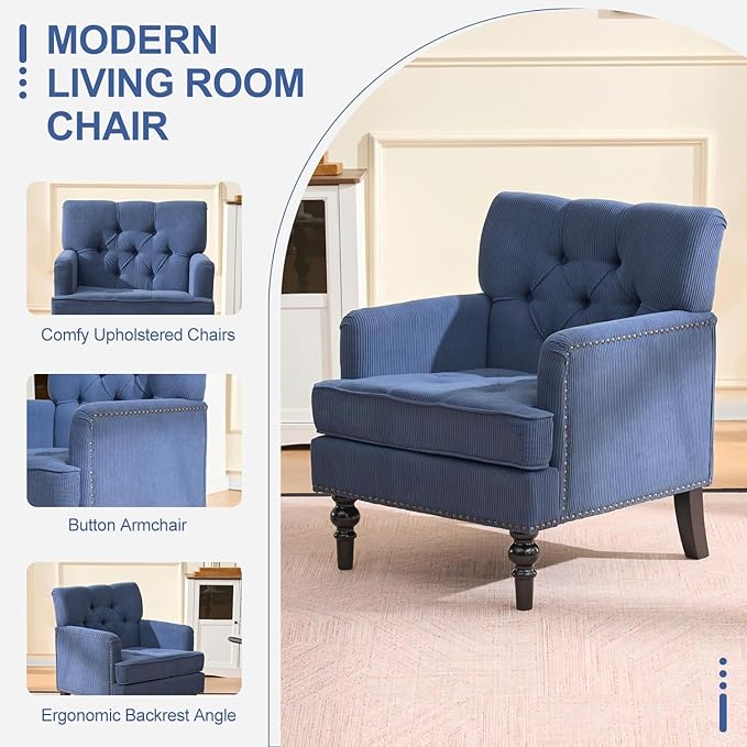 Mid Century Modern Accent Chair Upholstered Armchair for Adults with Button Linen Reading Chair with Studded and Rubber Wood Legs for Living Room Bedroom Apartment Office (Blue)