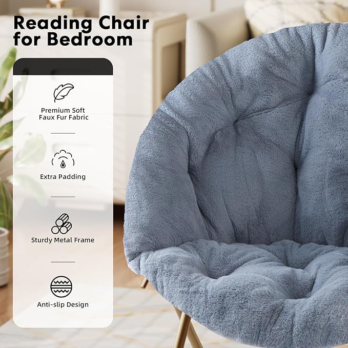 HealSmart Saucer Chair Comfy Faux Fur Folding Moon Chair with Metal Frame Cozy Round Chair Lounge Lazy Chair for Living Room Bedroom Adults Kids Teens Grey