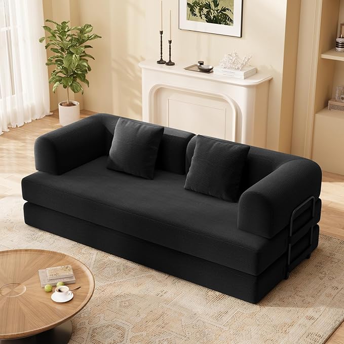 Ahomly 78.8'' Convertible Sofa Bed5-in-1 Boneless Couch with Removable ArmrestsFolding Futon Sofa Bed Includes 2 PillowsComfy Pull Out Couch for Living RoomNo Assembly RequiredBlack