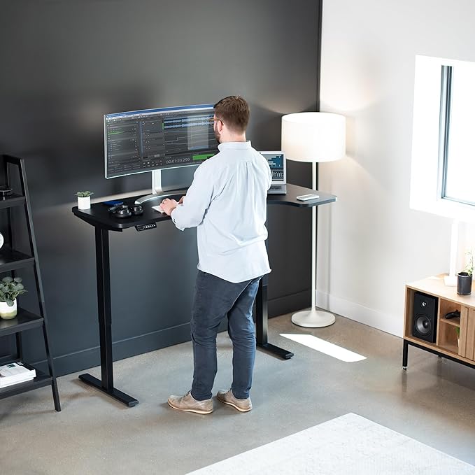 VIVO Electric Corner 58 x 35 in L-Shaped Standing Desk Memory Height Adjustment Holds 220 lbs Reversible Black Top Black Frame DESK-KIT-1BRB