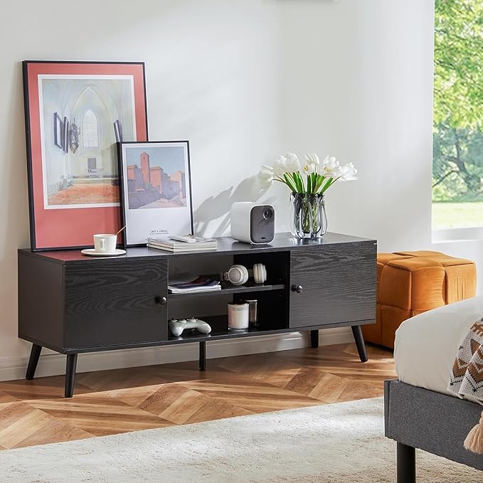 Sweetcrispy TV Stand for 55 60 inch TV Modern Mid Century Entertainment Center with Storage Cabinet Media Console Table for Living Room Soft Hinge Handle Door Wooden Office Furniture Tank