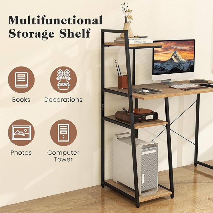 Tangkula Computer Desk with Shelves Space Saving Home Office Desk with 3-Tier Ladder Shaped Storage Bookshelf Modern Writing Study Desk with Metal Frame Compact Computer Workstation (Natural)