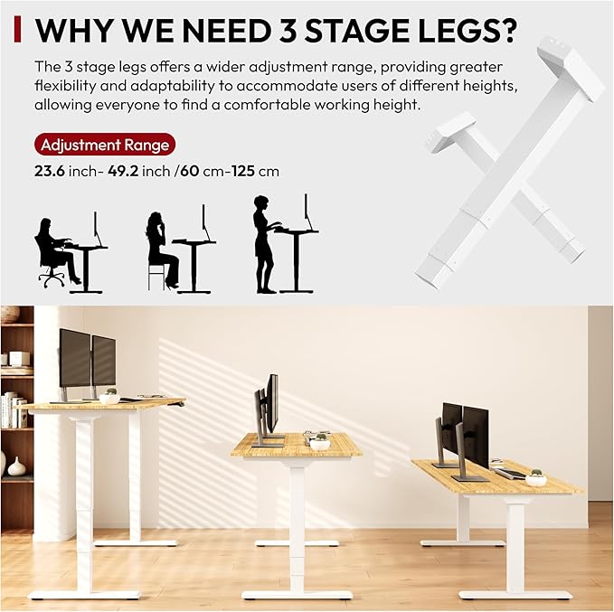 SANODESK 55 Inch 3 Stage Bamboo Electric Standing Desk Dual Motor Height Adjustable Desk Whole-Piece Desktop Sit to Stand Home Office Desk (White Frame/ 55” x 28” Natural Bamboo Top)