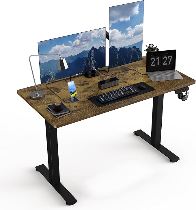 48 x 24 Electric Standing Desk Adjustable Height Sit Stand Desk with 3 Preset Heights &amp 2 Hook Electric Desk for Home Office Gaming Rustic Brown