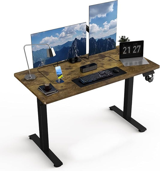 48 x 24 Electric Standing Desk Adjustable Height Sit Stand Desk with 3 Preset Heights &amp 2 Hook Electric Desk for Home Office Gaming Rustic Brown