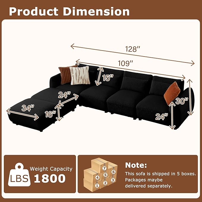 U Shaped Cloud Sectional Convertible L Shaped Couch with Removable OttomansModular Cloud Couch Sectional for Living Room (4 Set + 2 Ottomans - Black)