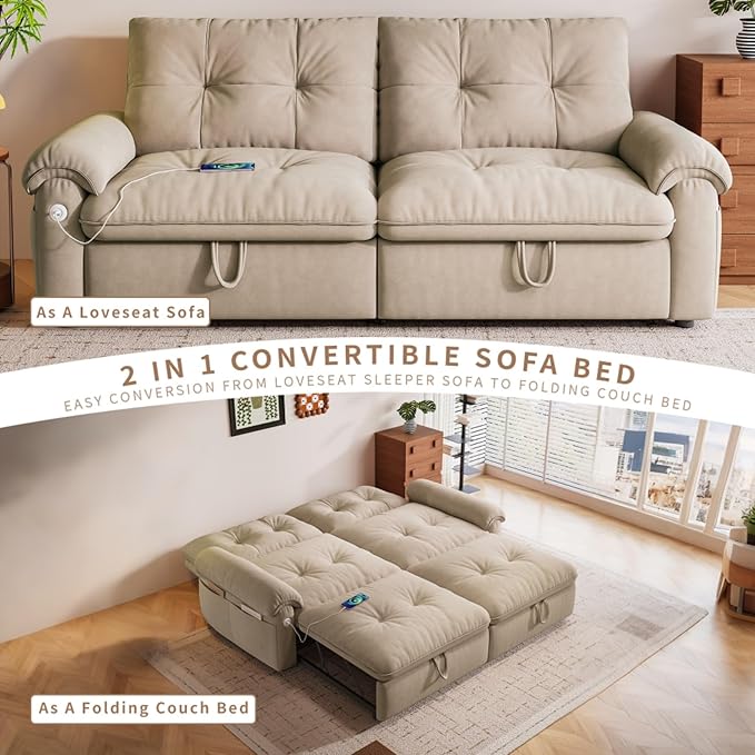 77.2'' Multifunctional Loveseat Sleeper Sofa Couch with Pull-Out Bed 3-in-1 Modern Velvet Convertible Sofa Bed with USB and Side Pockets Easy Assembly Living Room Apartment Brown