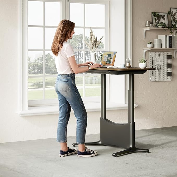 COLAMY Electric Adjustable Standing Desk – 48 x 28 Inch Sit Stand Desk with Drawer &amp Cable Management Dual Motor Lift System Ergonomic Footrest Home Office Table (MFC Desktop Walnut + Black)