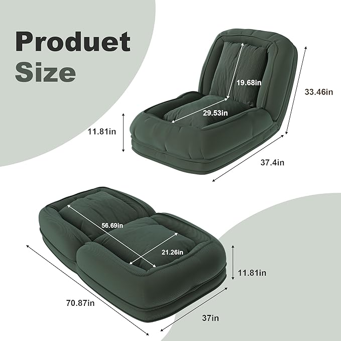 71 Upholstered Human Dog Bed for Adults &amp Pets 5 Adjustable Foldable Lazy Sofa Bed with 2 Soft Pillows for Bedroom Living Room Reading Corner Green