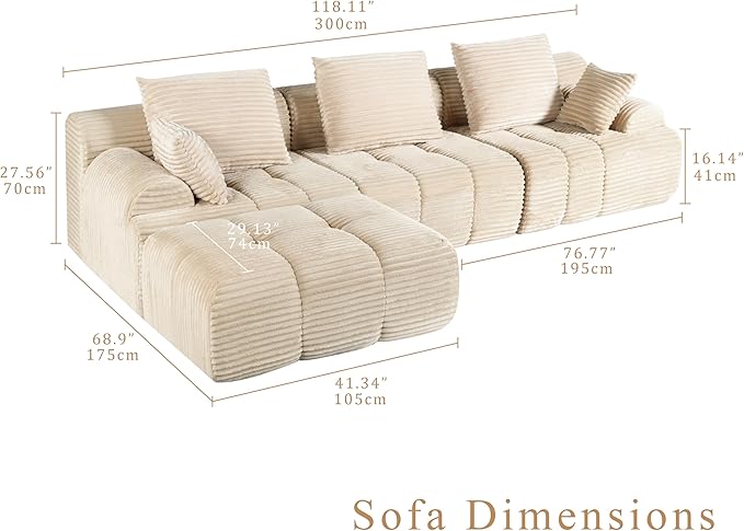 Chogori Corduroy Modular Sectional Sofa 118 Inch Boneless Cloud Couch with High Density Memory Foam Tufted L-Shaped Sofa for Living RoomNo Assembly (Beige)