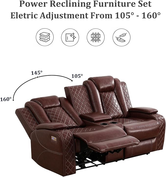 Power Recliner Loveseat Air Leather Reclining Couch with LED/Cup Holders/Storage 2-Seater Reclining Sofa Burgundy Leather Couch for House/Apartment/Office