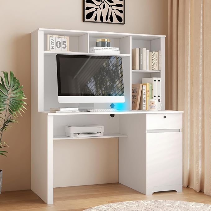White Wood Executive Desk Teens Student Desk Writing Laptop Home Office Desk with Drawers3 AC Outlets and 2 USB Charging Ports