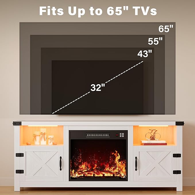 YESHOMY LED Fireplace TV Stand with Mood Lighting TV Cabinet with Open Shelf Farmhouse Media Console with Hidden Cable Routing Entertainment Center for Televisions up to 65+ Inch White