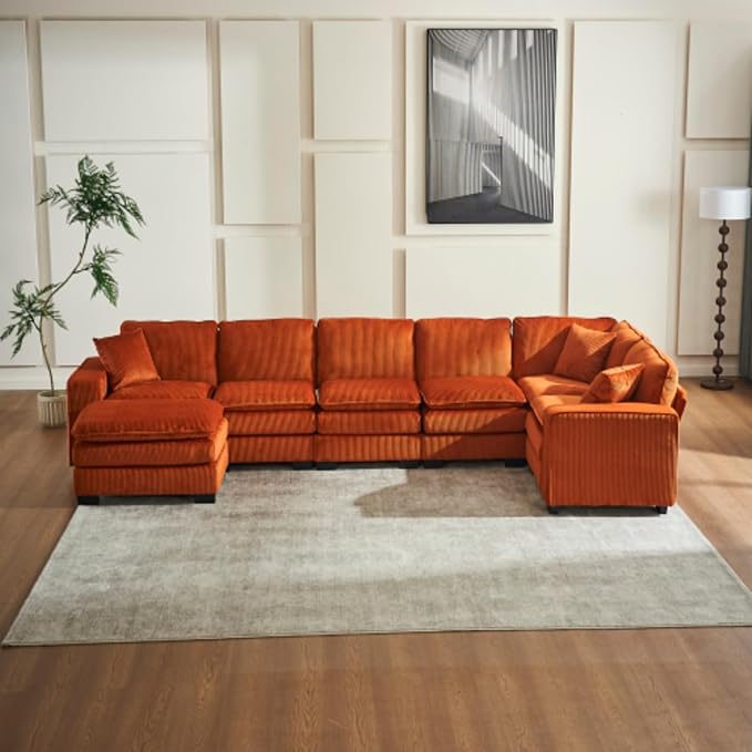 Modern U Shaped 6-seat Sectional Sofa Couch with one Ottoman and Three toss PillowsModular Sofa for Living RoomCorduroy (OrangeCorduroy-7 Seat)