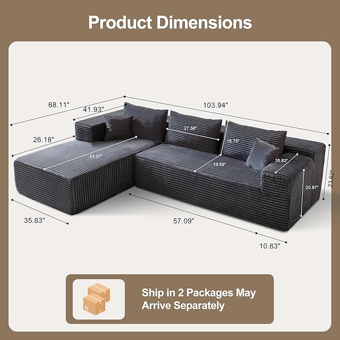 104 Sectional Couches for Living Room Modular Sectional Sofa with Deep Seat L-Shape Couch with Chaise Cloud Couch for Living Room Bedroom No Assembly Required (Flannel Left)