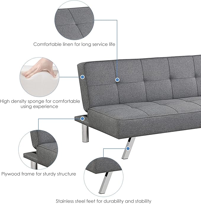 Giantex 3-Seat Convertible Sofa Bed Sofa Bed w/ 3 Adjustable Angles Line Fabric &amp High-Density Sponge Durable Wood Frame &ampSturdy Stainless-Steel Feet Suitable for Living Room Bedroom