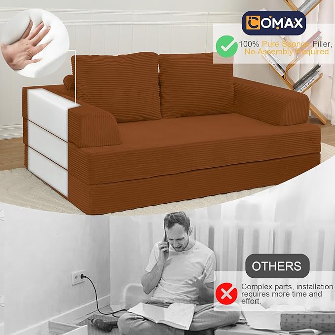 COMAX Convertible Sofa Bed Folding Floor Couch Corduroy Fold Out Couch Bed Futon Sleeper Mattress with Pillows Boneless Sofa Comfy Lounge Loveseat for Living Room Bedroom Orange