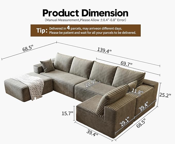 139.4 U Shaped Cloud Sectional Sofa for Living Room Plush Corduroy Cover Fluffy Memory Foam Cushions No Assembly Required Modular Chaise Lounge Oversized Comfortable Couches Set Camel