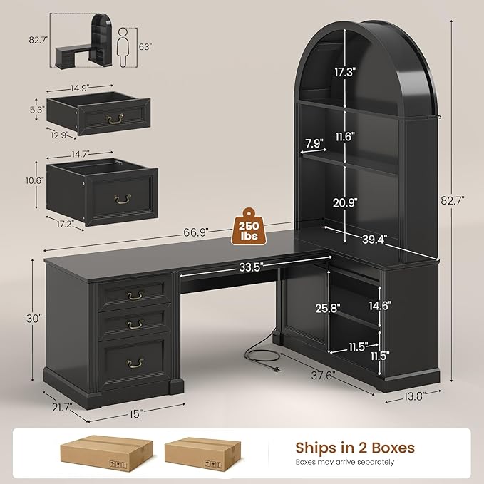 SEDETA 67 L Shaped Desk with Tall Arched Bookshelf Mid-Century Office Computer Desk with 3 Drawers and Storage Shelves Corner Executive Desk with Sliding Barn Door for Home Office Black
