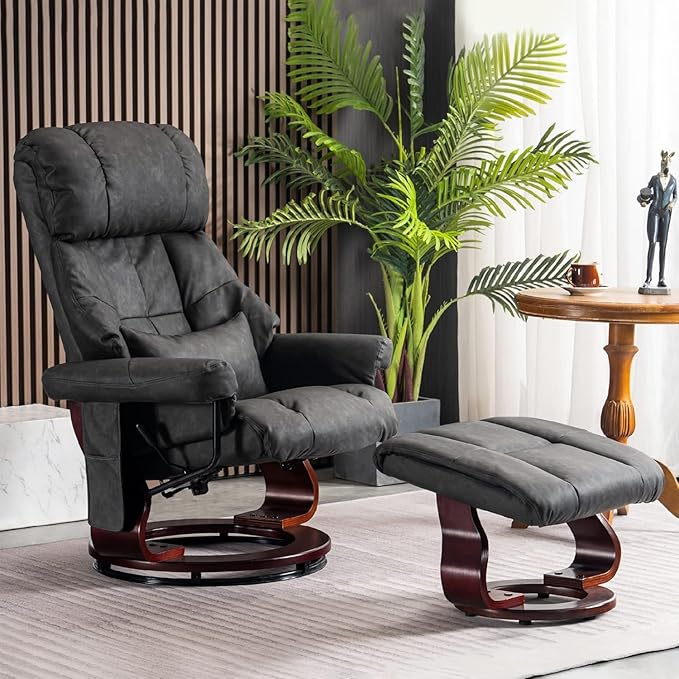 MCombo Manual Swivel Recliner with Ottoman Reclining Chair with Vibration Massage for Small Spaces Living Room Office Faux Leather 9068 (Dark Grey)