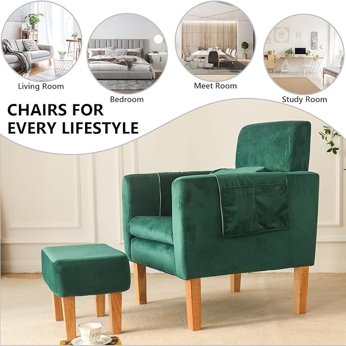 TAKUKA Modern Accent Chair with Ottoman SetComfy Velvet Fabric Armchair with Footrest Upholstered Chair with Side Pocket Soft Reading Lounge Chair for Living RoomBedroomOffice (Velvet Green)