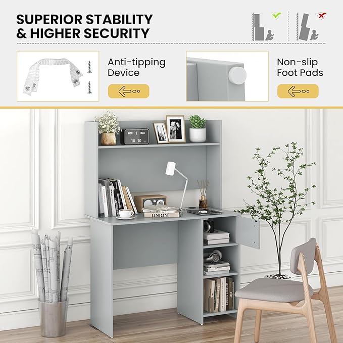 COSTWAY Computer Desk with Hutch Home Office Desk with Adjustable Shelf Modern Writing Table PC Desk with CPU Stand &amp Door Cabinet 2 Cable Management Holes Workstation for Bedroom Study Off
