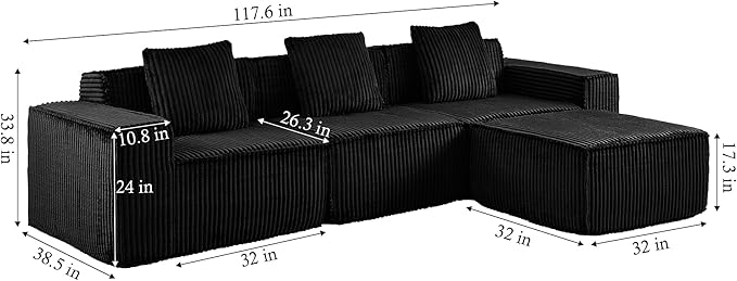 L-Shaped Corner Corduroy Sectional Sofa 4 Seat Modular Boneless Sofa Foam Cloud Couch with Movable Ottoman and Toss PillowsModern Deep Seat Convertible Chaise Sofa