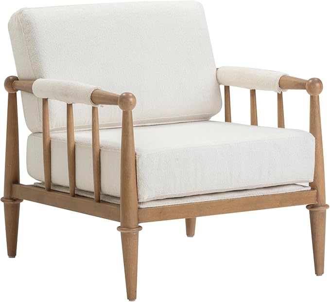 Nathan James Spencer Boucle Accent Chair Bohemian Armchair with Solid Wood Frame and Upholstered Foam Cushion Cream/Light Brown