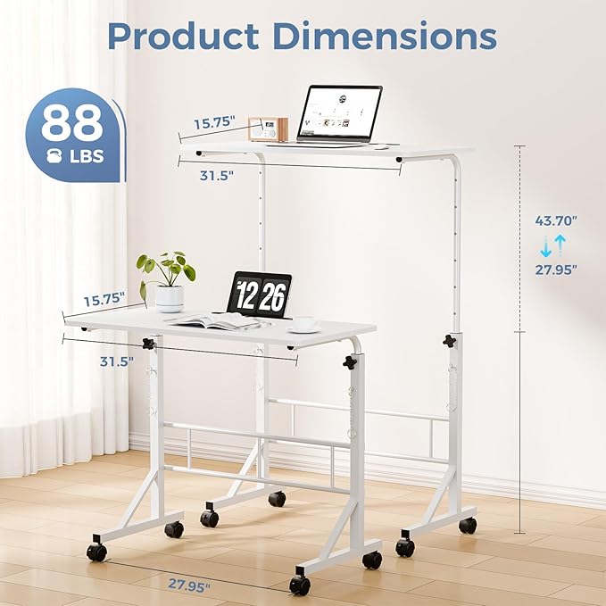 DUMOS 31.5 Adjustable Height Mobile Desk with Locking Wheels &amp Pin-Lock Portable Workstation for Walking Pad &amp Active Home Office White